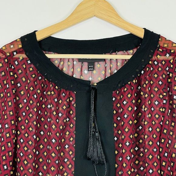 Lane Bryant Maroon Diamond Sheer Long Sleeve‎ Peasant Shirt Top Womens 18 20 NEW - Picture 2 of 7